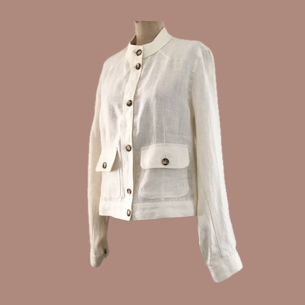 Vintage 90s Off White Linen Classic Long Sleeve Neutral Safari Jacket Top L